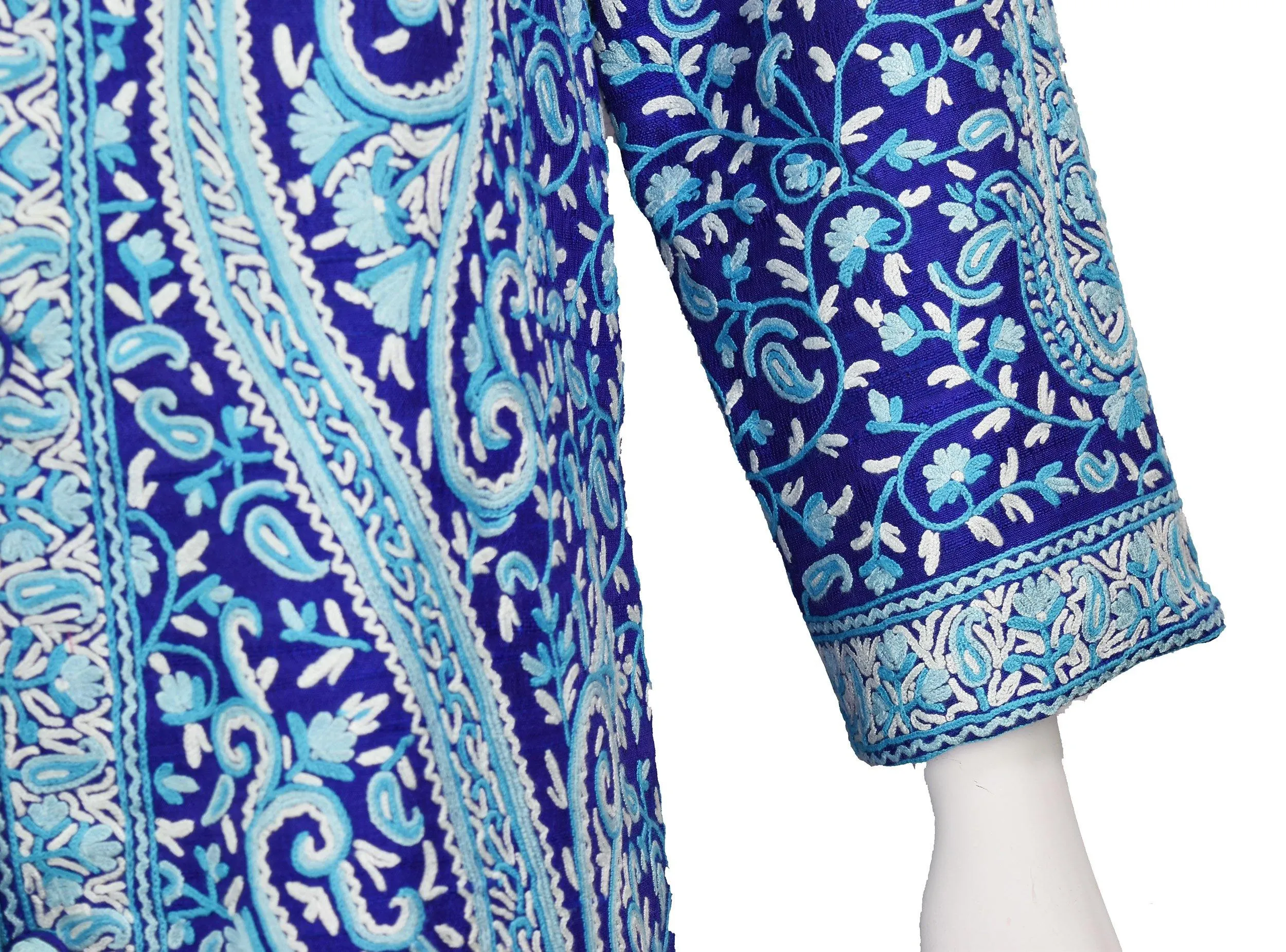 Selena Royal Blue Silk Jacket Dinner Paisley Floral Evening Dress Coat Hand Embroidered Kashmir