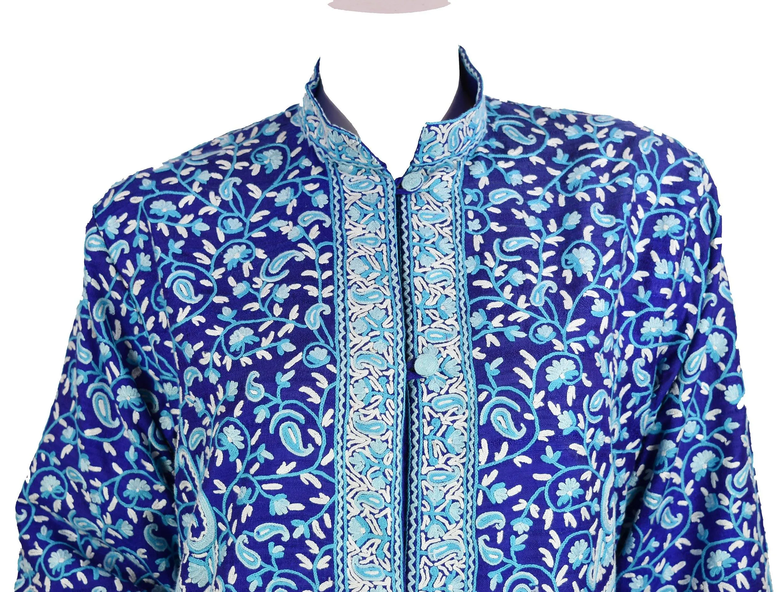 Selena Royal Blue Silk Jacket Dinner Paisley Floral Evening Dress Coat Hand Embroidered Kashmir
