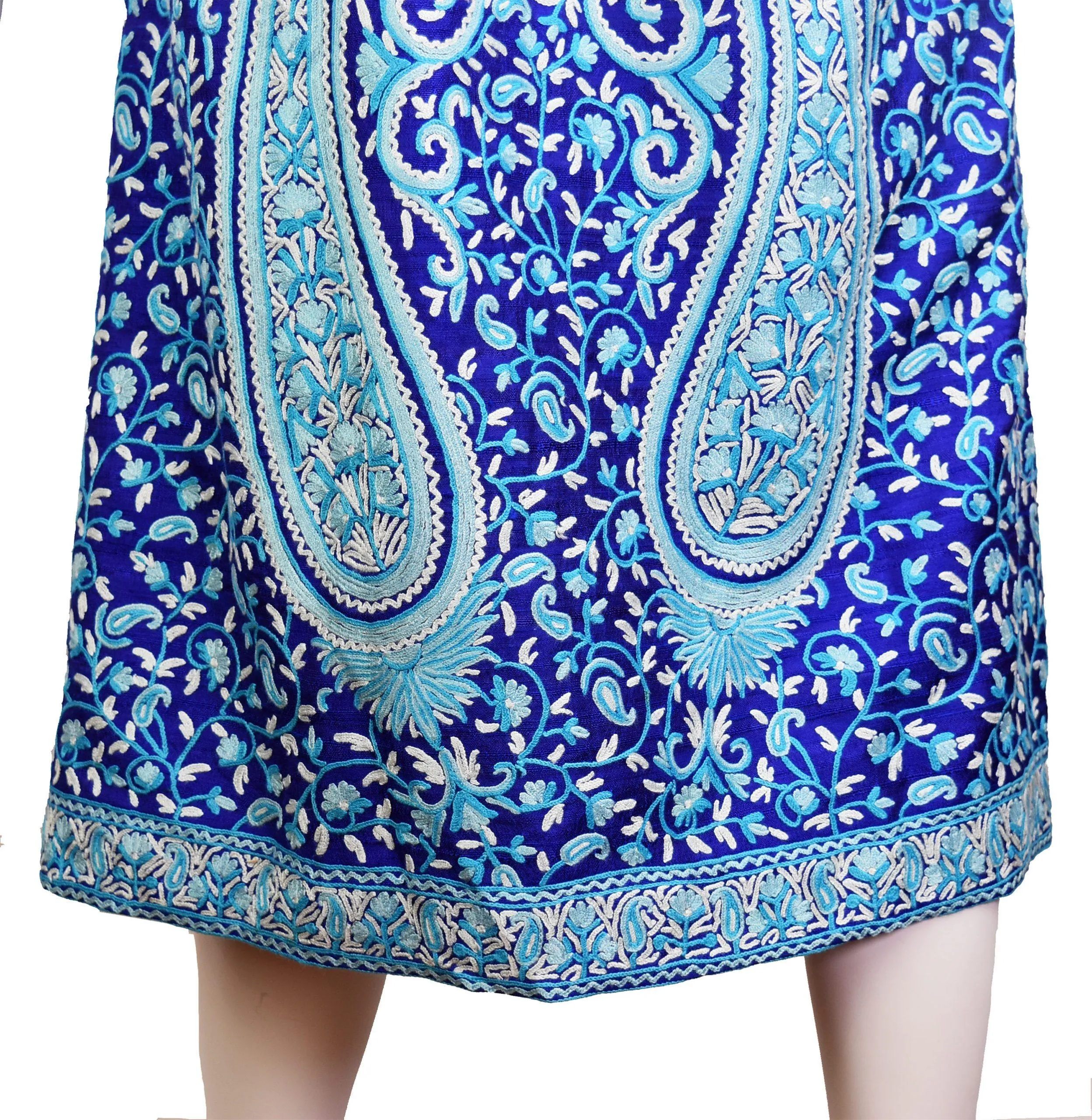 Selena Royal Blue Silk Jacket Dinner Paisley Floral Evening Dress Coat Hand Embroidered Kashmir