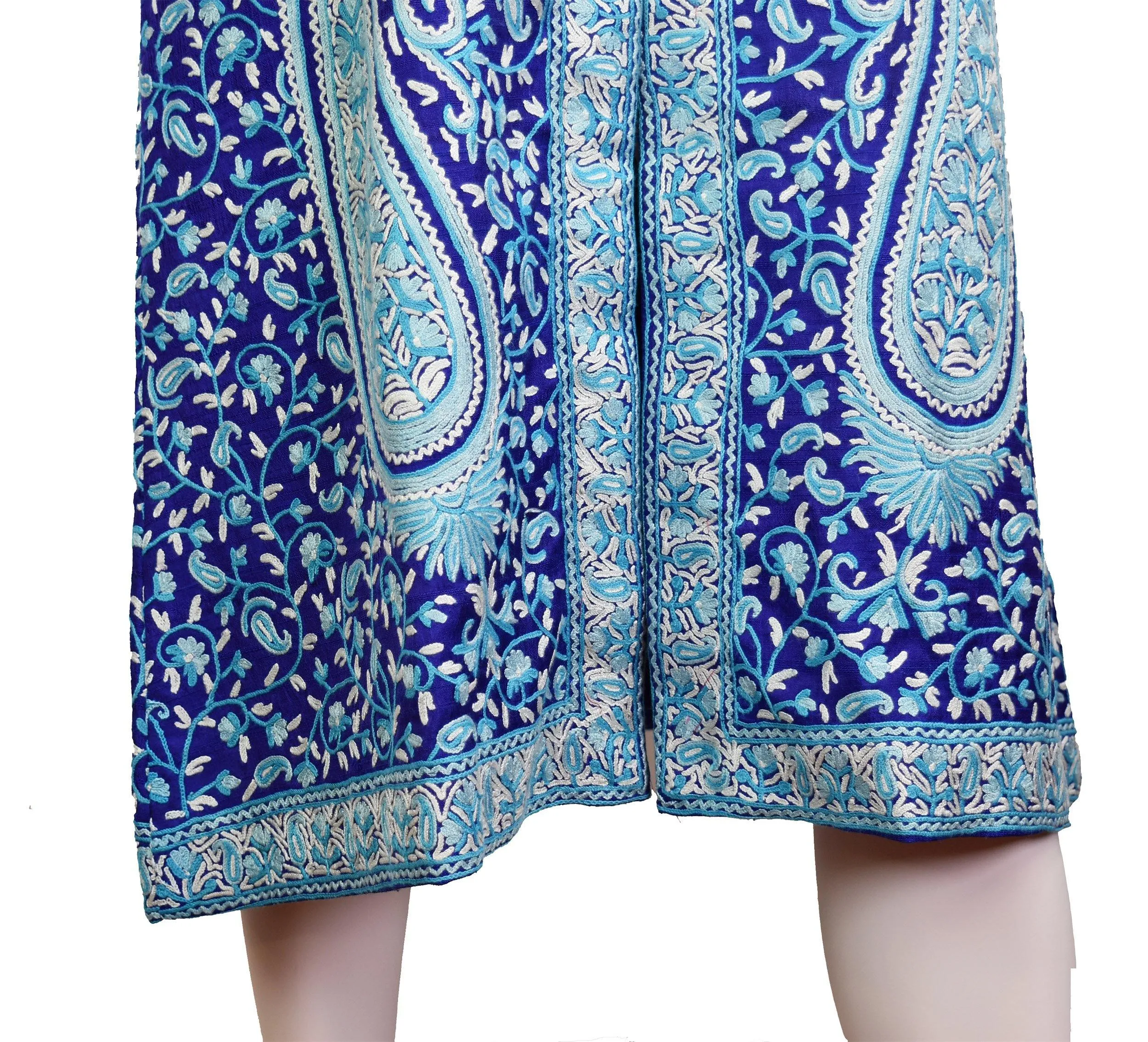 Selena Royal Blue Silk Jacket Dinner Paisley Floral Evening Dress Coat Hand Embroidered Kashmir