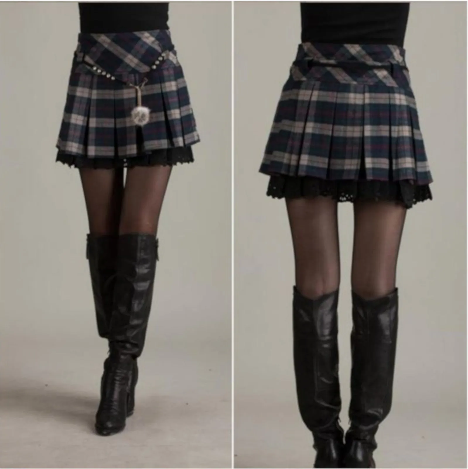 Sexy Grey Pleated Empire Waist Tartan Mini Skirt