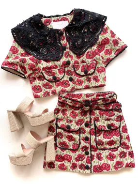 SJ402 Red floral belted skirt