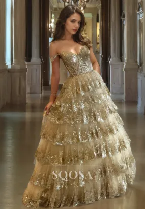 Sweetheart Off-Shoulder Sleeveless A-Line Prom Dress Glitter Lace Applique Tiered Formal Gowns