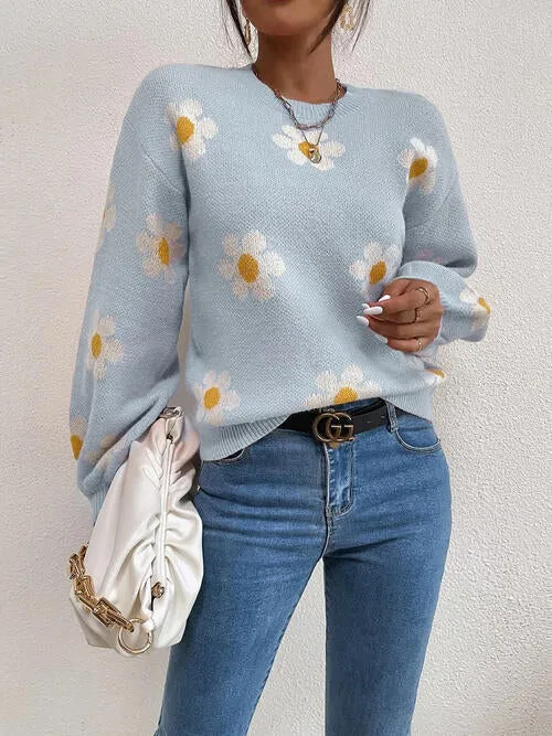 TastyHottie - Flower Round Neck Latern Sleeve Sweater