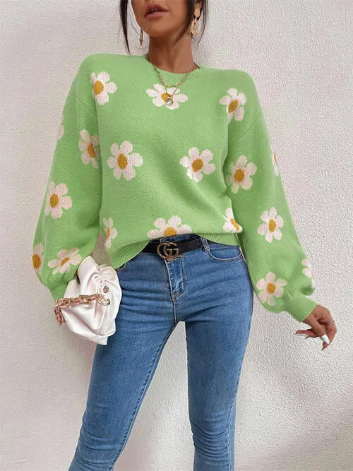 TastyHottie - Flower Round Neck Latern Sleeve Sweater