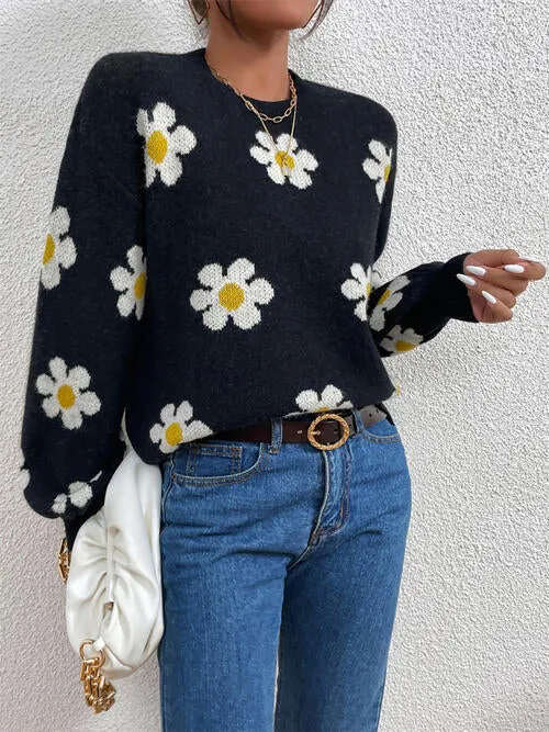 TastyHottie - Flower Round Neck Latern Sleeve Sweater