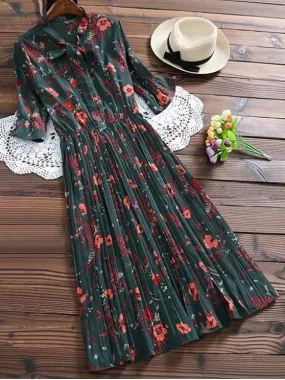 TastyHottie - Pretty Pussy Bow Tie Floral Pleated Shirt Dress