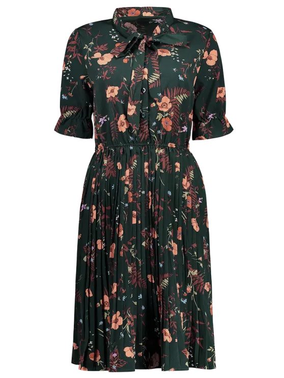 TastyHottie - Pretty Pussy Bow Tie Floral Pleated Shirt Dress
