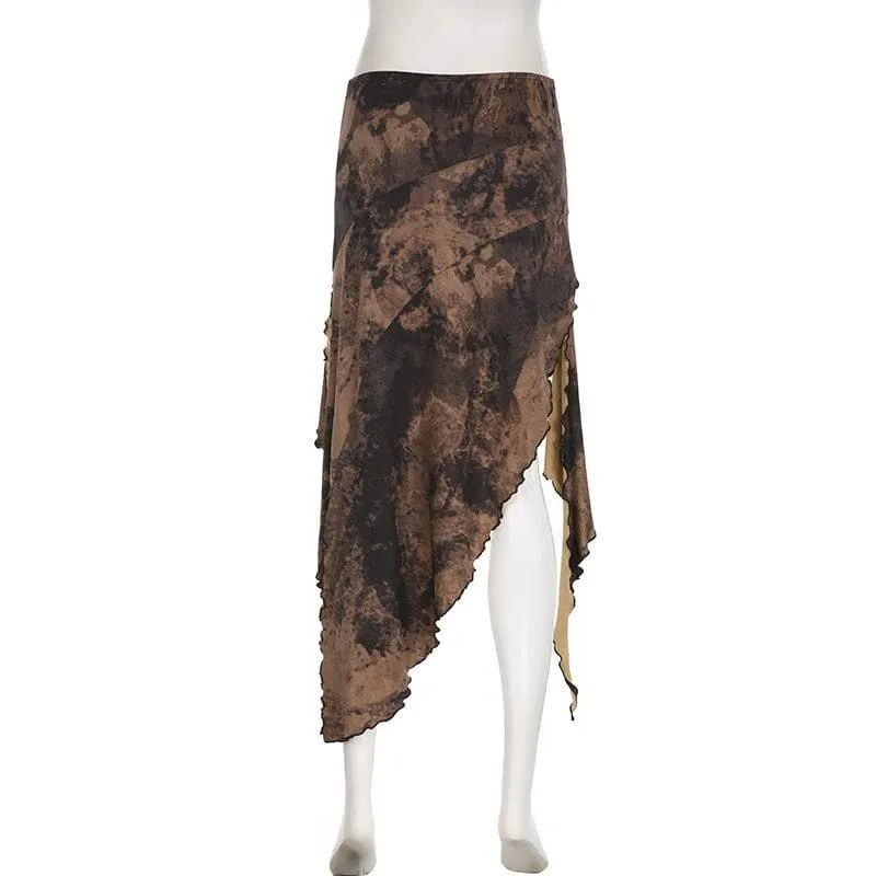 Tie dye irregular self tie slit contrast lace up low rise midi skirt