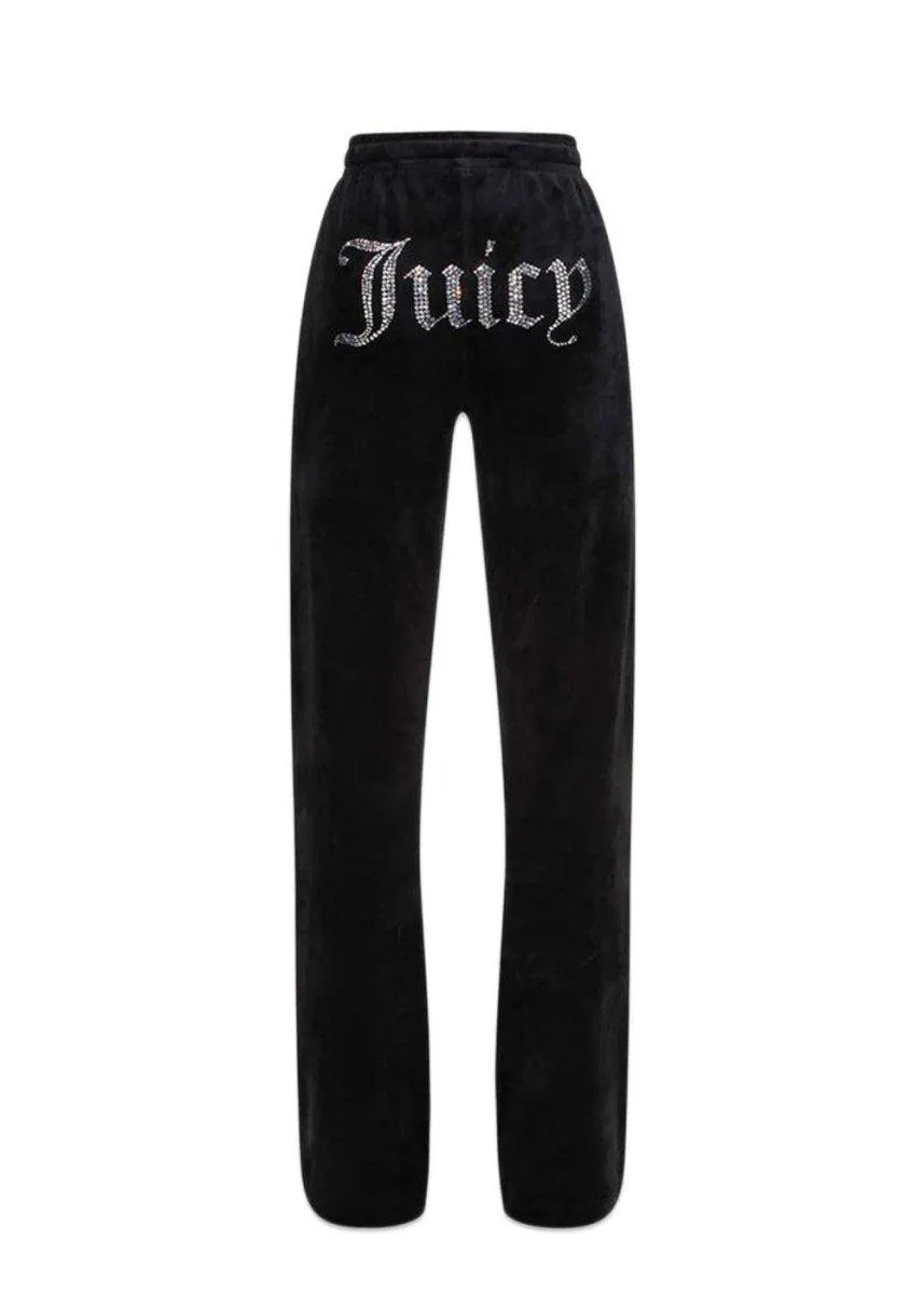 TINA VELOUR TRACK PANTS WITH DIAMANTE BRANDIN - Black