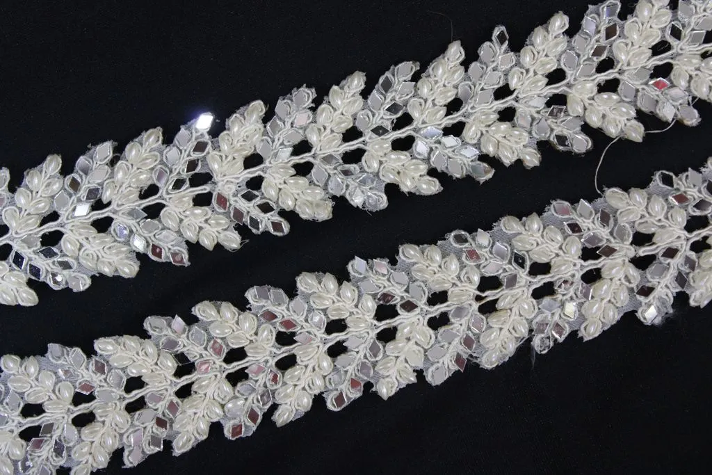 White Fancy Pearl and Stone Work Embroidered Border