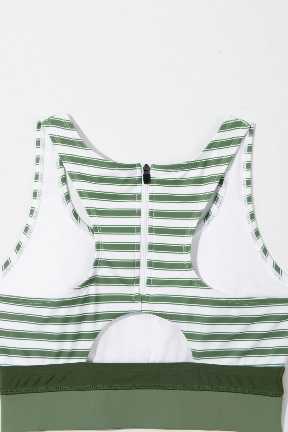 White Stripe Color Block Zipper Back Cutout High Waist Bikini Set