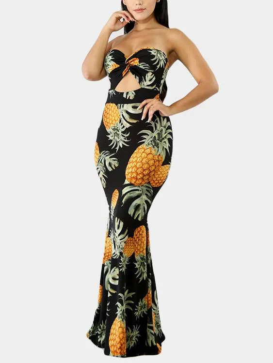 Wholesale Black Tube Top Sleeveless Floral Print Zip Back Backless Cut Out Dresses