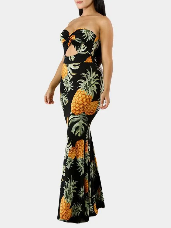 Wholesale Black Tube Top Sleeveless Floral Print Zip Back Backless Cut Out Dresses