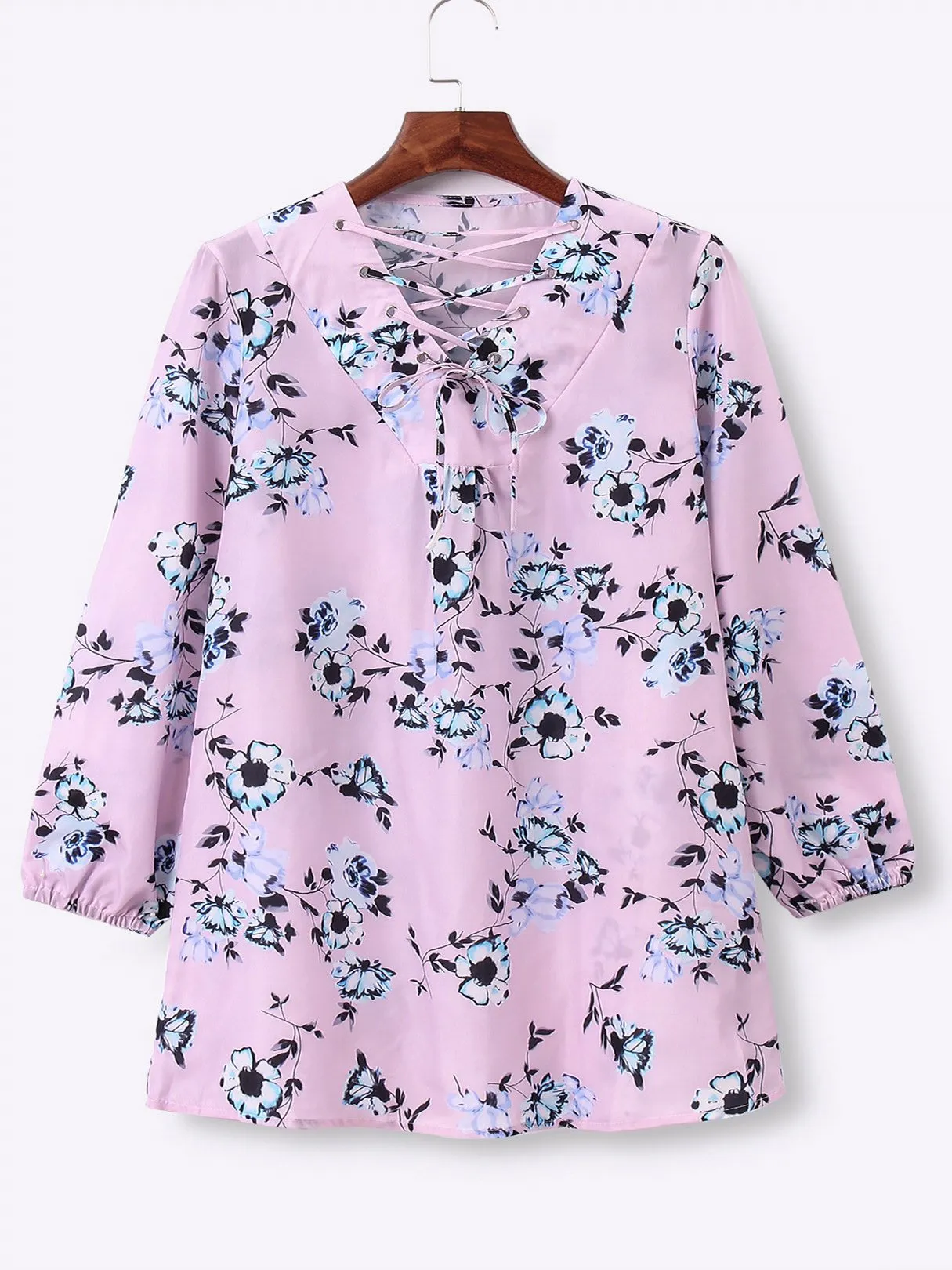 Wholesale Pink V-Neck Long Sleeve Floral Print Lace-Up Tie-Up Dresses