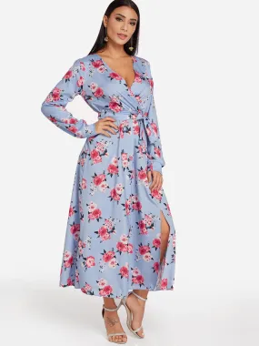 Wholesale Red V-Neck Long Sleeve Floral Print Lace-Up Slit Hem Dresses