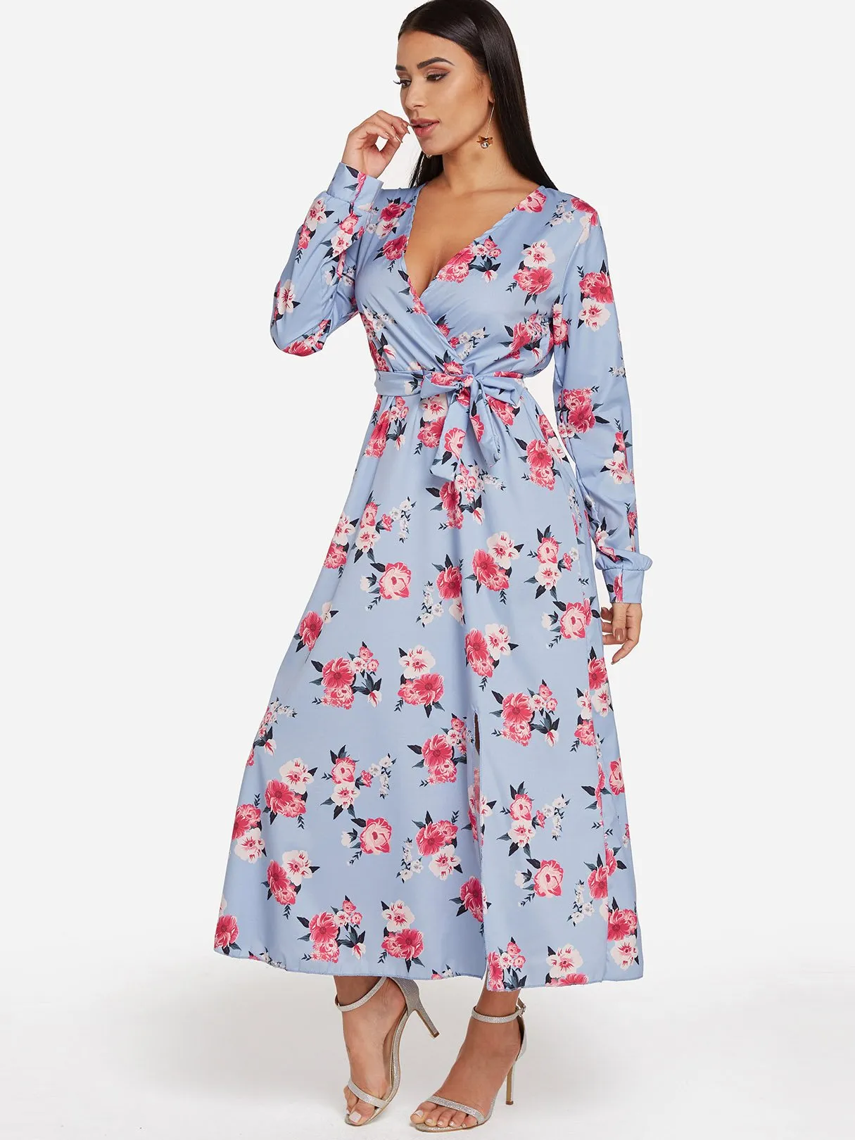 Wholesale Red V-Neck Long Sleeve Floral Print Lace-Up Slit Hem Dresses