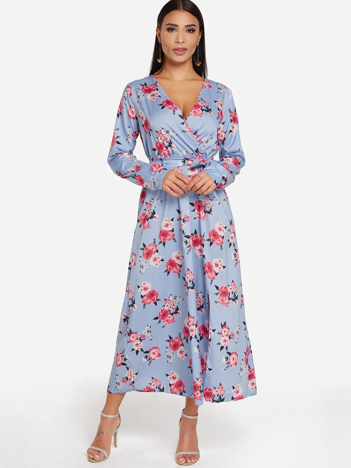 Wholesale Red V-Neck Long Sleeve Floral Print Lace-Up Slit Hem Dresses