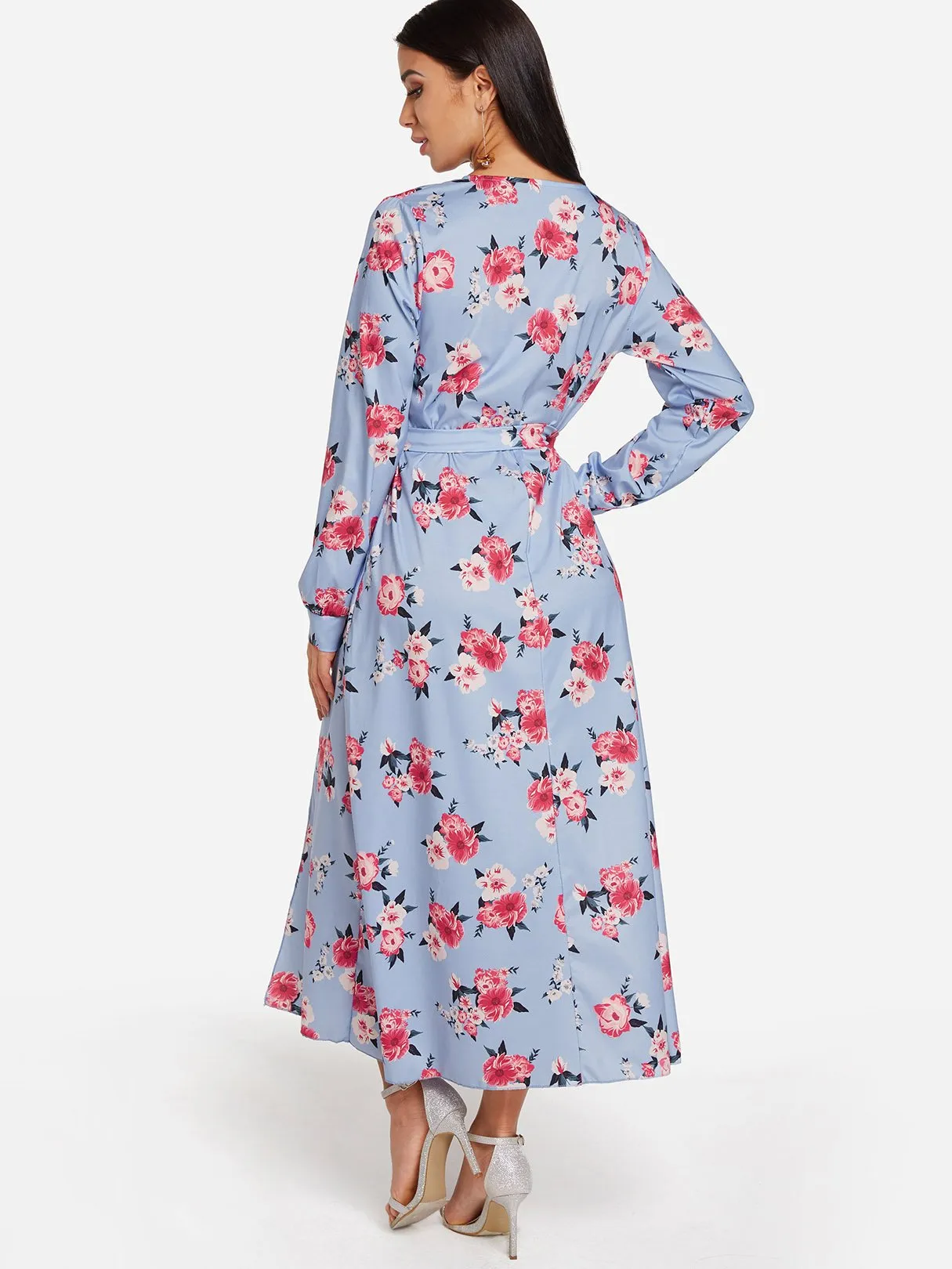 Wholesale Red V-Neck Long Sleeve Floral Print Lace-Up Slit Hem Dresses