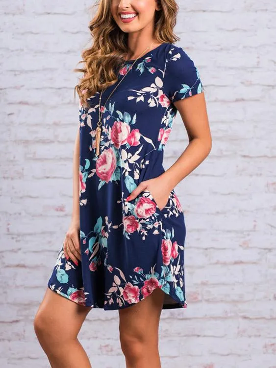 Wholesale Round Neck Floral Print Short Sleeve Curved Hem Navy Dresses