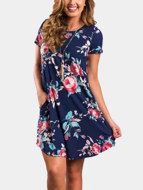 Wholesale Round Neck Floral Print Short Sleeve Curved Hem Navy Dresses