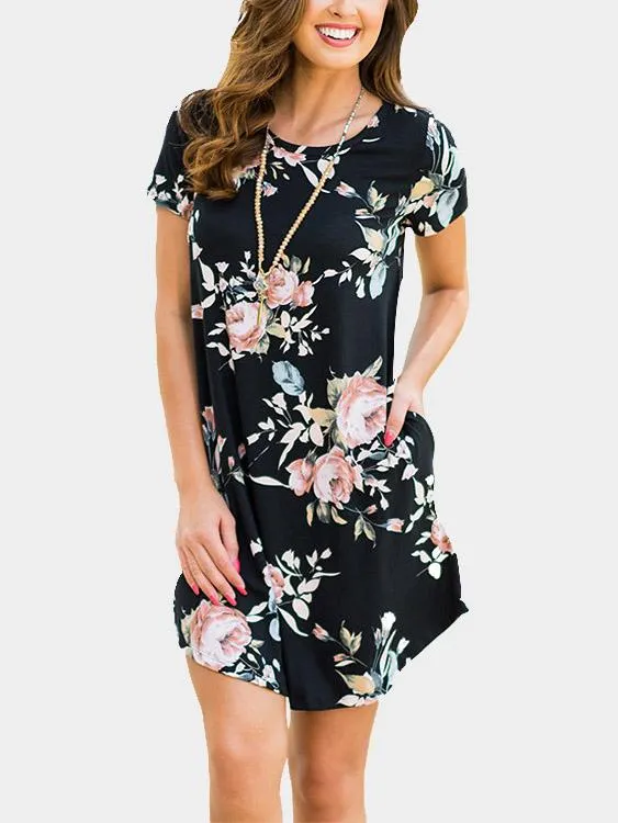 Wholesale Round Neck Floral Print Short Sleeve Curved Hem Navy Dresses