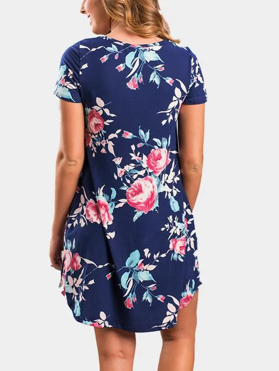 Wholesale Round Neck Floral Print Short Sleeve Curved Hem Navy Dresses