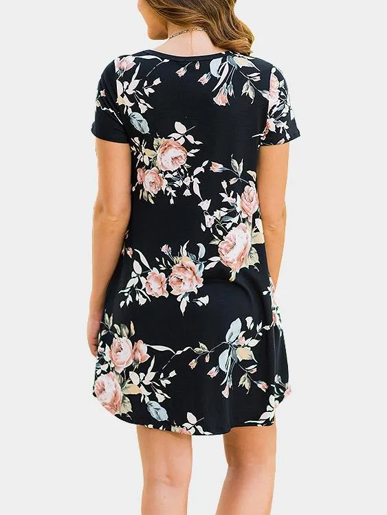 Wholesale Round Neck Floral Print Short Sleeve Curved Hem Navy Dresses