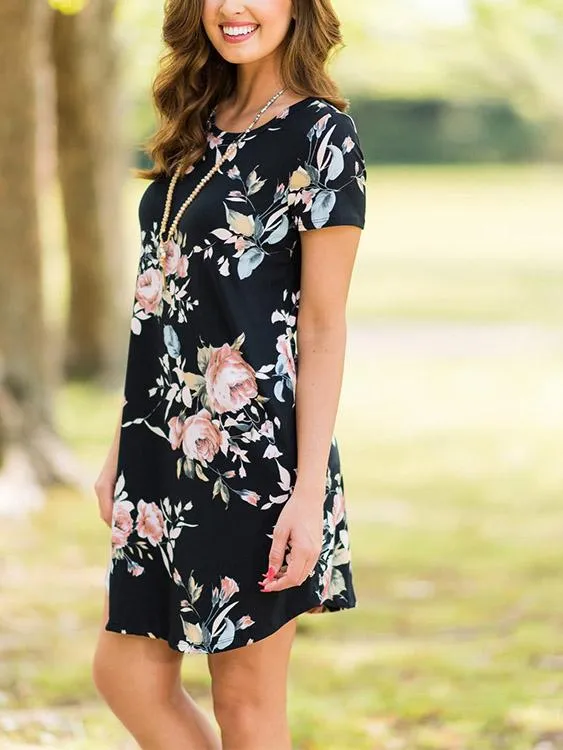 Wholesale Round Neck Floral Print Short Sleeve Curved Hem Navy Dresses