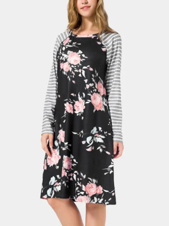Wholesale Round Neck Long Sleeve Floral Print Black Dresses