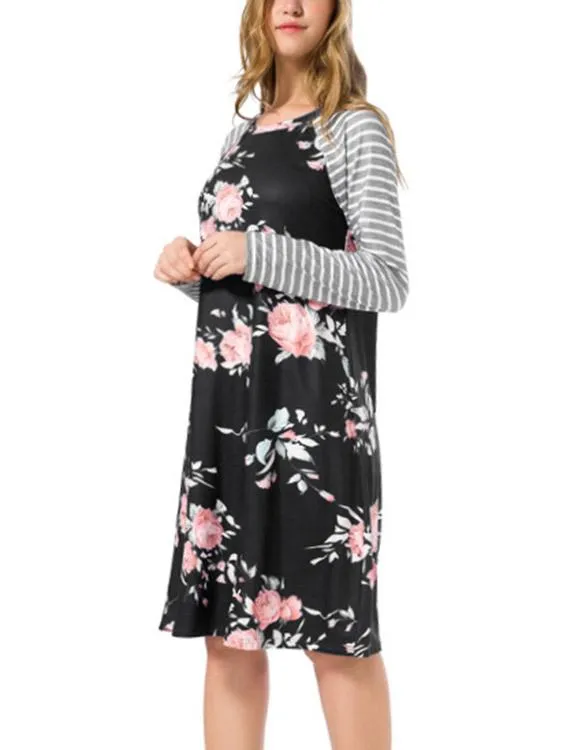 Wholesale Round Neck Long Sleeve Floral Print Black Dresses