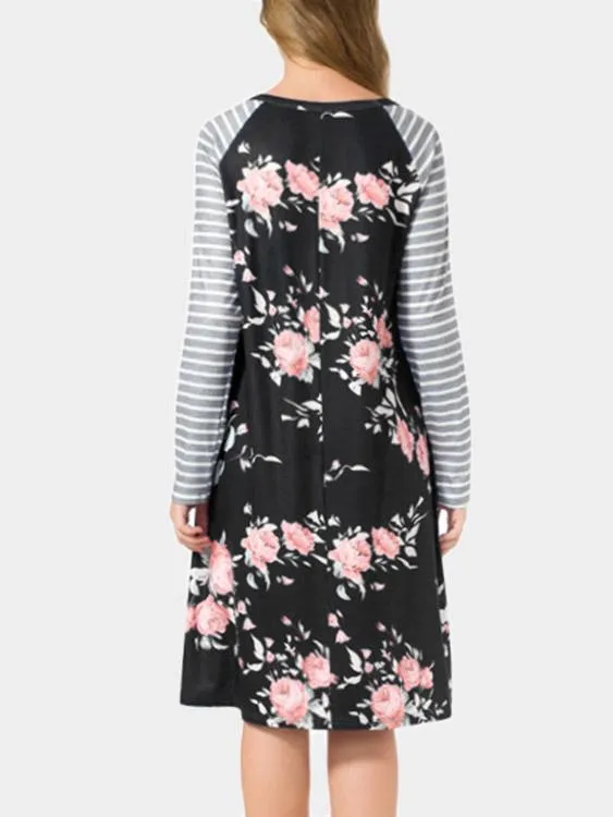 Wholesale Round Neck Long Sleeve Floral Print Black Dresses