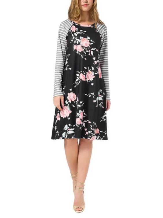 Wholesale Round Neck Long Sleeve Floral Print Black Dresses