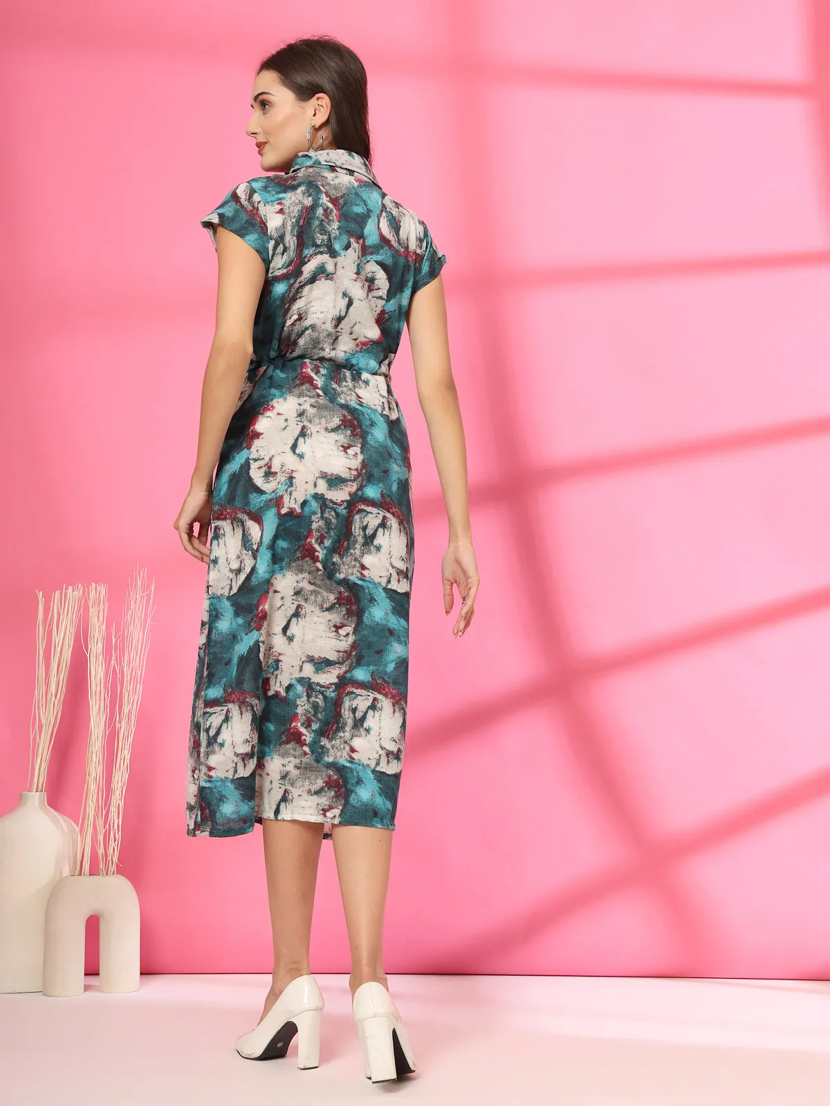 Women Floral Print Mandarin Collar Cotton A-Line Midi Dress