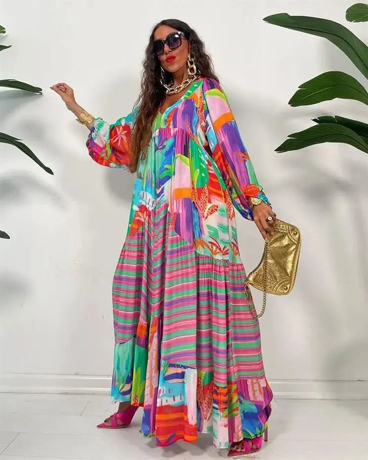 Women Summer Long Sleeve V-neck Pleated Dress 38727 3XL